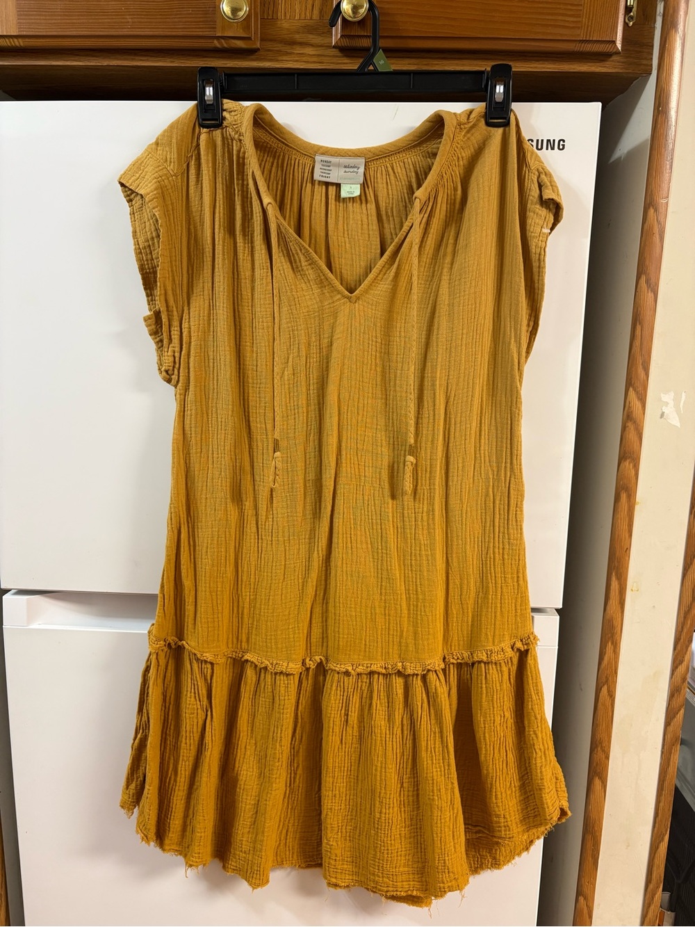 Anthropologie Mustard V-Neck Gauze Tunic with Tie